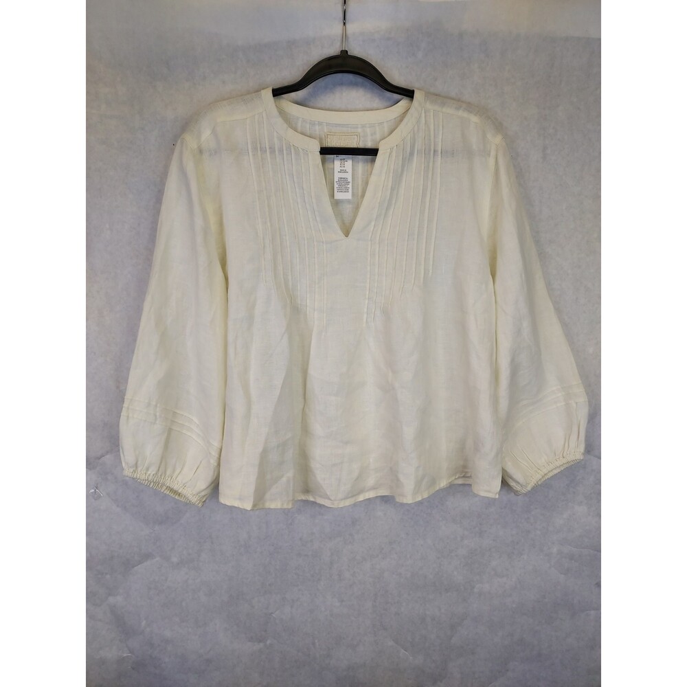 Sigrid Olsen Linen Peasant Blouse Women's M 3/4 Puff Sleeve White Resort Coastal